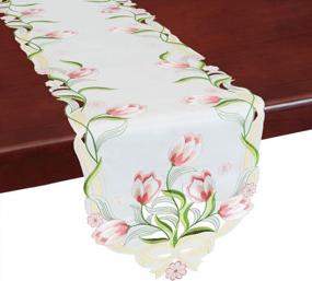 img 4 attached to Розовая вышитая дорожка Simhomsen Tulip Table Runner, 13X88-дюймовое весеннее цветочное столовое белье
