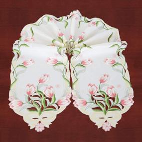 img 3 attached to Simhomsen Pink Embroidered Tulip Table Runner, 13X88 Inch Spring Floral Table Linens