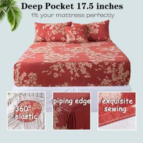 img 3 attached to Queen 100% Brushed Cotton Floral Printed Sheets Set - FADFAY Red Vintage Bedding, Breathable Boho Branch Tree Pattern, Ultra Soft 17.5'' Deep Pocket Fitted Sheet 4 Pieces