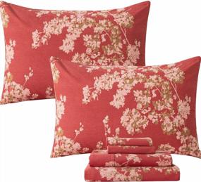 img 4 attached to Queen 100% Brushed Cotton Floral Printed Sheets Set - FADFAY Red Vintage Bedding, Breathable Boho Branch Tree Pattern, Ultra Soft 17.5'' Deep Pocket Fitted Sheet 4 Pieces