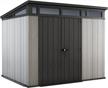 grey keter artisan shed - modern design - large 9x7 foot outdoor storage with floor for patio furniture, tools, lawn mower, and bike storage logo