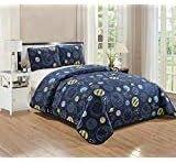 🌌 exquisite home collection: 2-piece twin size boys bedspread coverlet set - outer space galaxy solar system planets in blue logo