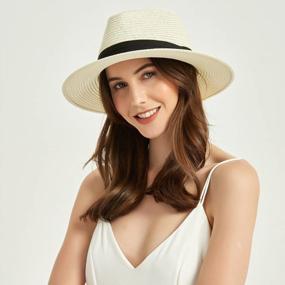 img 1 attached to Женская соломенная шляпа-панама от солнца с широкими полями Fedora UPF50+, летняя пляжная кепка