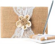 burlap and lace rustic wedding guest book with pen holder and 120 lined pages in petal flower gift box logo