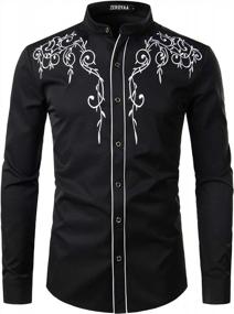 img 4 attached to Men'S Floral Embroidery Dress Shirt - Slim Fit, Long Sleeve Band Collar | ZEROYAA