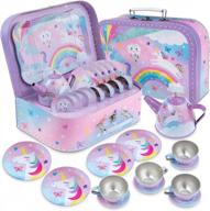 15-piece pretend tin tea set for kids with carrying case – cotton candy unicorn design – perfect gift for girls from jewelkeeper logo