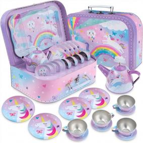 img 4 attached to 15-Piece Pretend Tin Tea Set For Kids With Carrying Case – Cotton Candy Unicorn Design – Perfect Gift For Girls From Jewelkeeper
