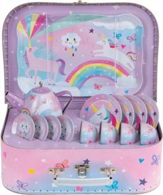 img 3 attached to 15-Piece Pretend Tin Tea Set For Kids With Carrying Case – Cotton Candy Unicorn Design – Perfect Gift For Girls From Jewelkeeper