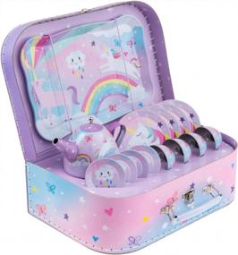 img 2 attached to 15-Piece Pretend Tin Tea Set For Kids With Carrying Case – Cotton Candy Unicorn Design – Perfect Gift For Girls From Jewelkeeper