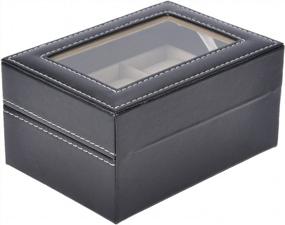 img 1 attached to Valyria Watch Box Small 3 Mens Black Leather Display Glass Top Jewelry Case Organizer