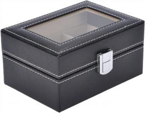 img 2 attached to Valyria Watch Box Small 3 Mens Black Leather Display Glass Top Jewelry Case Organizer