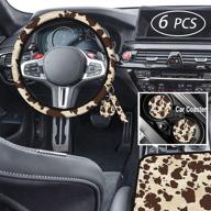 🐄 stylish 6pcs cow print car accessories set for women - brown microfiber steering wheel cover, breathable and odorless steering wheel protector - universal fit логотип