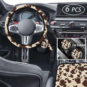 img 4 attached to 🐄 Stylish 6Pcs Cow Print Car Accessories Set for Women - Brown Microfiber Steering Wheel Cover, Breathable and Odorless Steering Wheel Protector - Universal Fit