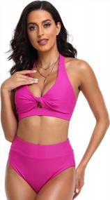 img 1 attached to Women'S High Waisted Tummy Control Bikini Set Halter Push Up Swimsuit Front Twist Keyhole Two Piece Bathing Suit