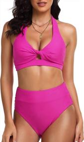 img 3 attached to Women'S High Waisted Tummy Control Bikini Set Halter Push Up Swimsuit Front Twist Keyhole Two Piece Bathing Suit