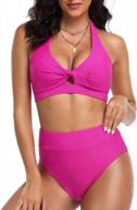 women's high waisted tummy control bikini set halter push up swimsuit front twist keyhole two piece bathing suit logo