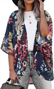 img 4 attached to Navy Blue Floral Kimono Cardigan For Women - Sheer Print Chiffon Cover Up In Loose Fit Sizes Up To 3XL
