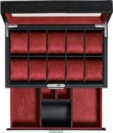 rothwell 10-slot watch box in leather with valet drawer, luxury watch case display organizer with ultra soft microsuede liner, jewelry and sunglass holder with large glass top (black/red) logo