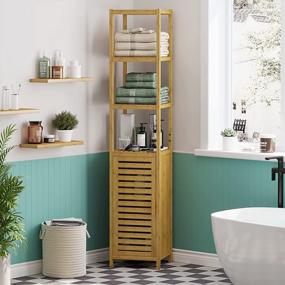img 3 attached to Бамбуковый высокий тонкий шкаф для хранения в ванной комнате с затворной дверью и 3-мя ярусными полками | Отдельностоящий органайзер для льняной башни для гостиной, кухни, ванной комнаты