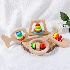 img 2 attached to 🌈 Rainbow Color Montessori Wooden Baby Rattle Rolling Toy Set for 12-36 Month Infants: 4Pcs Teething & Grasping Toys