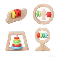 🌈 rainbow color montessori wooden baby rattle rolling toy set for 12-36 month infants: 4pcs teething & grasping toys logo