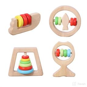 img 4 attached to 🌈 Rainbow Color Montessori Wooden Baby Rattle Rolling Toy Set for 12-36 Month Infants: 4Pcs Teething & Grasping Toys