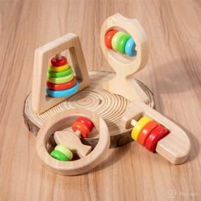 img 1 attached to 🌈 Rainbow Color Montessori Wooden Baby Rattle Rolling Toy Set for 12-36 Month Infants: 4Pcs Teething & Grasping Toys