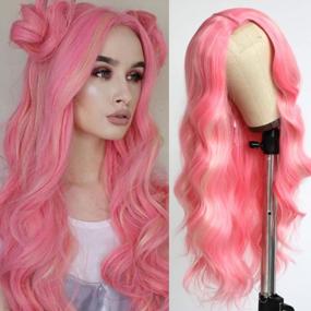 img 4 attached to 24 Inch Pink & Blonde Mixed Curly Wavy Synthetic Cosplay Wig - Oxeely Long No Bangs Highlighted Natural Hair Look For Women