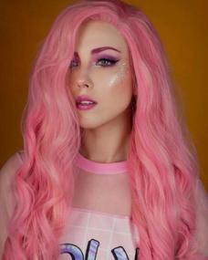 img 1 attached to 24 Inch Pink & Blonde Mixed Curly Wavy Synthetic Cosplay Wig - Oxeely Long No Bangs Highlighted Natural Hair Look For Women