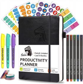 img 4 attached to Daily Planner, 2023 Undated Productivity A5 Goals Planner Kit By Feela, 8 Fineliner Pens, 3 Highlighters, 6 Stickers, 6 Washi Tapes, Lasts 6 Months, Black
