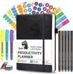 daily planner, 2023 undated productivity a5 goals planner kit by feela, 8 fineliner pens, 3 highlighters, 6 stickers, 6 washi tapes, lasts 6 months, black logo