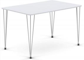 img 2 attached to Современный белый обеденный стол для гостиной, прямоугольный кухонный стол 47 дюймов с серебряными ножками-шпильками, места для 4-6 человек (простая сборка)