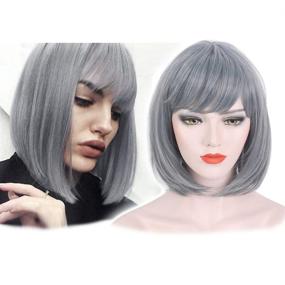 img 4 attached to 14 Inch Ombre Grey Short Straight Bob Wig With Bangs For Women - Perfect For Cosplay, Costume Parties & Everyday Use!