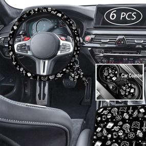 img 4 attached to Set of 6 Gothic Cat Moon Steering Wheel Covers for Women | Skull Witchy Witch Car Accessories | Microfiber Universal 15 Inch Breathable Non-Slip Odorless Steering Wheel Protectors