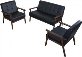 img 2 attached to Mid Century 1 Loveseat Sofa, 2 Accent Chairs Set - Modern Wood Arm Couch &amp; Chair Наборы мебели для гостиной (8428 Black)