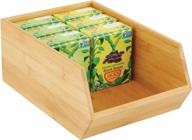 mdesign bamboo stackable food storage organization bin basket - wide open front for kitchen cabinets, pantry, offices, closets, holds snacks, dry goods, packets, spices, teas - natural wood logo