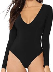 img 4 attached to Women'S V Neck Short Sleeve/Long Sleeve Tops Basic Bodysuit Jumpsuit By MANGDIUP