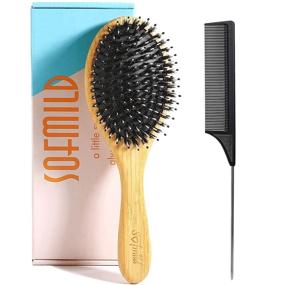 img 4 attached to Boar Bristle Hairbrush Set For Thick Curly Long Wet Or Dry Hair - Best Oval Paddle Bamboo Brush To Reduce Frizz, Make Hair Smooth & Shiny