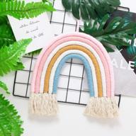 boho macrame rainbow wall hanging decor for girls room, small tapestry for nursery and kids, woven decorative wall art with tassel, soft cotton rope backdrop, chic newborn and birthday gift logo