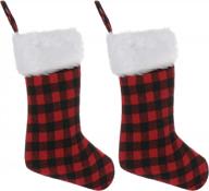 christmas stockings set of 2: red and black plaid design with white faux fur for fireplace hanging or xmas tree decorations - 20 inch size, perfect for holiday parties logo