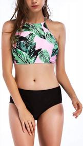 img 4 attached to Stylish Macolily Juniors Bikini Set With High Neck Bandeau Top, Cross Tie Back, And Mid-Waist Bottom For Trendy Beach Look