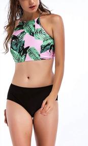 img 3 attached to Stylish Macolily Juniors Bikini Set With High Neck Bandeau Top, Cross Tie Back, And Mid-Waist Bottom For Trendy Beach Look