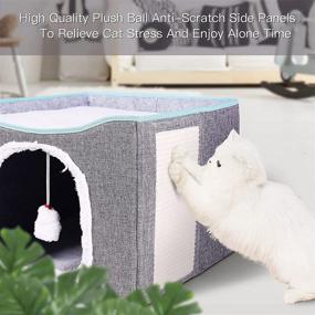 img 3 attached to 🐱 Foldable Cat Cube Bed with Removable Sisal Rope Scratcher and Fluffy Ball Toy - Indoor Cat House Kitten Shelter with Cozy Plush Bed for Kitty Play