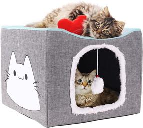 img 4 attached to 🐱 Foldable Cat Cube Bed with Removable Sisal Rope Scratcher and Fluffy Ball Toy - Indoor Cat House Kitten Shelter with Cozy Plush Bed for Kitty Play