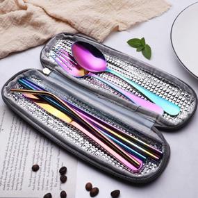 img 3 attached to Rainbow Portable Stainless Steel Flatware Set - Travel Camping Cutlery Utensil Silverware Dinnerware With Waterproof Case