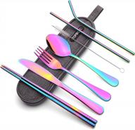 rainbow portable stainless steel flatware set - travel camping cutlery utensil silverware dinnerware with waterproof case логотип