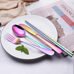 img 2 attached to Rainbow Portable Stainless Steel Flatware Set - Travel Camping Cutlery Utensil Silverware Dinnerware With Waterproof Case