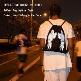 img 1 attached to Светоотражающий рюкзак Angel Wings Drawstring с карманом на молнии - черный 13X16 дюймов, безопасная спортивная спортивная сумка для мальчиков, девочек, мужчин или женщин - отличная идея для подарка