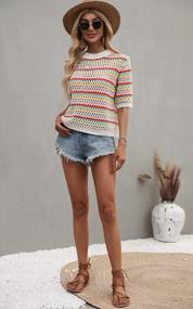img 1 attached to Women'S Striped Knitted Beach Shirt: Casual Half Sleeve Lightweight Crewneck Top With Hollow Out Design