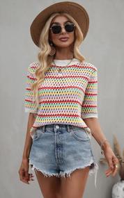 img 2 attached to Women'S Striped Knitted Beach Shirt: Casual Half Sleeve Lightweight Crewneck Top With Hollow Out Design